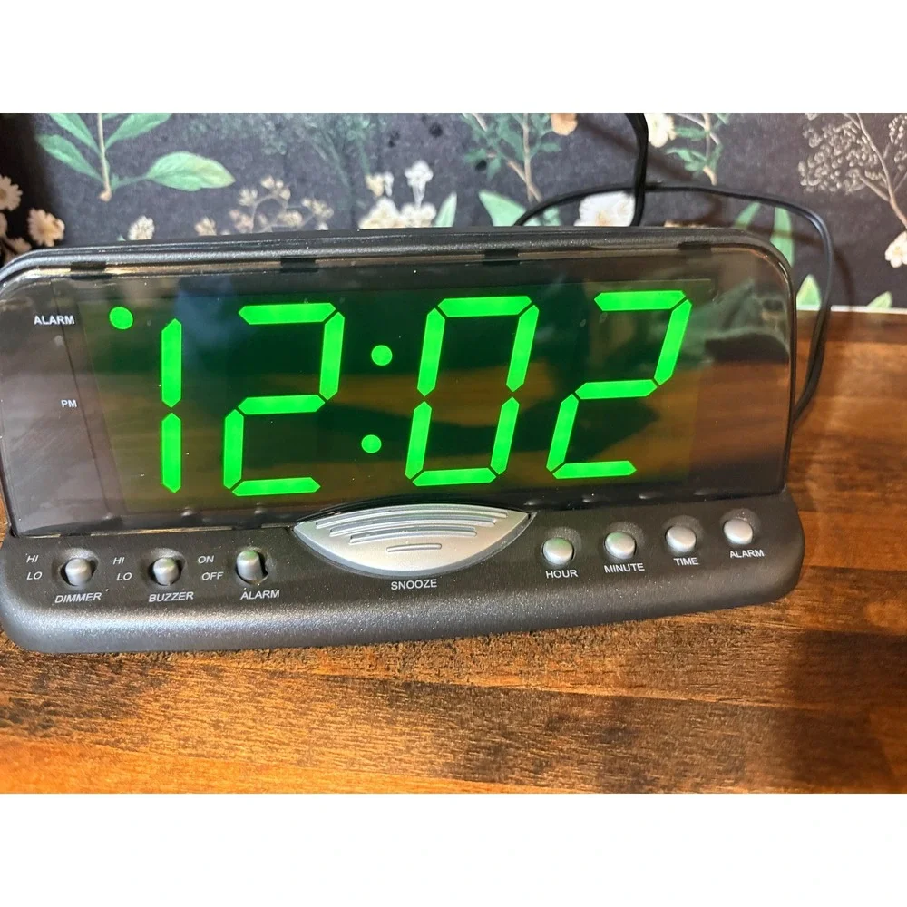 Digital Alarm Clock Large Green LED Display Snooze Dimmer Black Bedside Clock